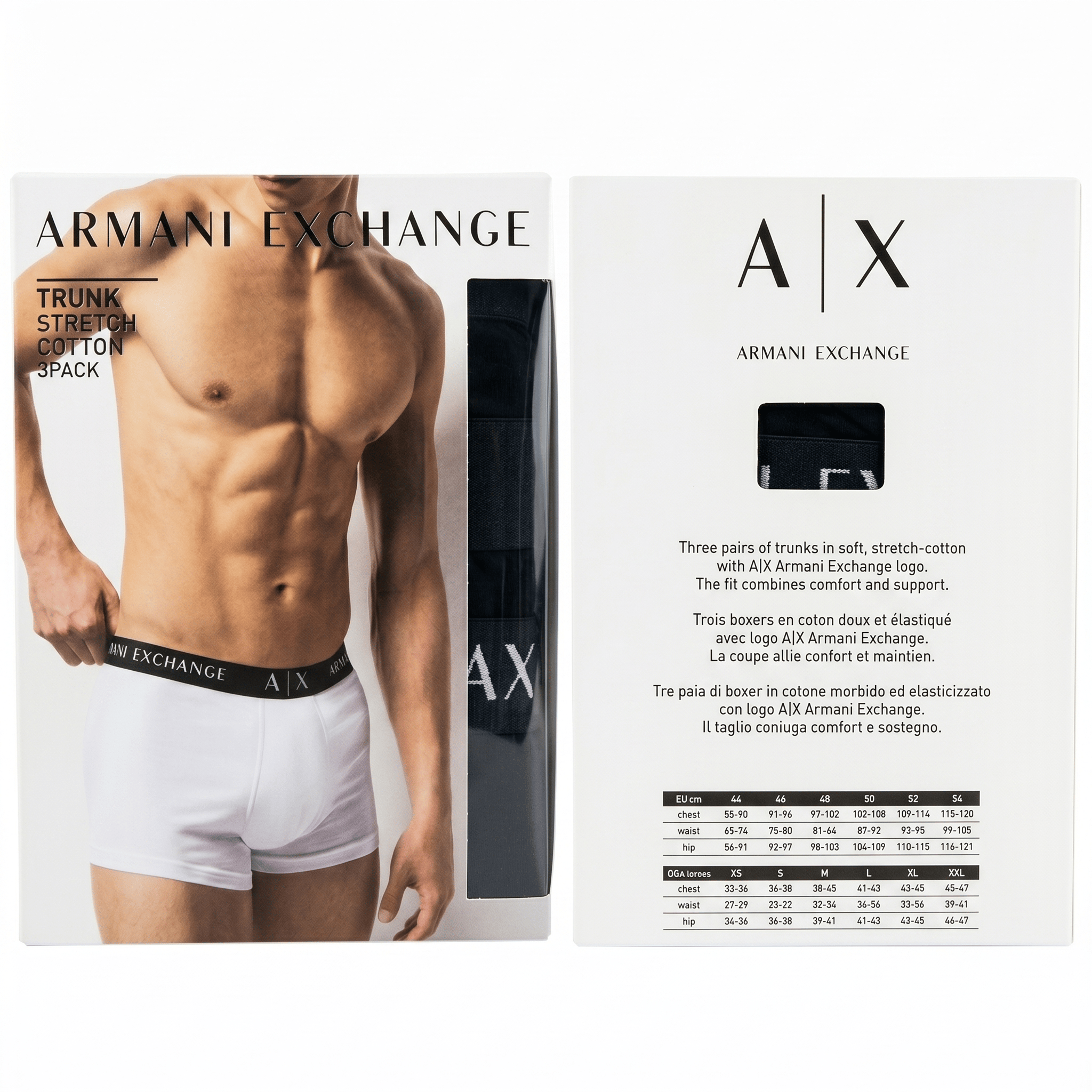 Armani Exchange underwear packaging with a man wearing white boxer briefs.