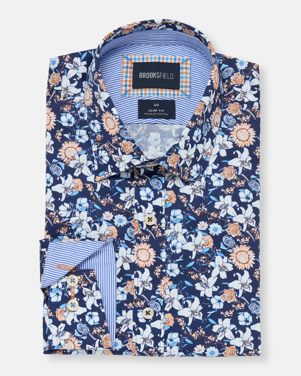 Brooksfield Mens Luxe Print Slim Fit Shirt in Navy