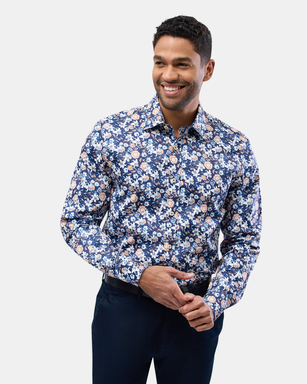 Brooksfield Mens Luxe Print Slim Fit Shirt in Navy