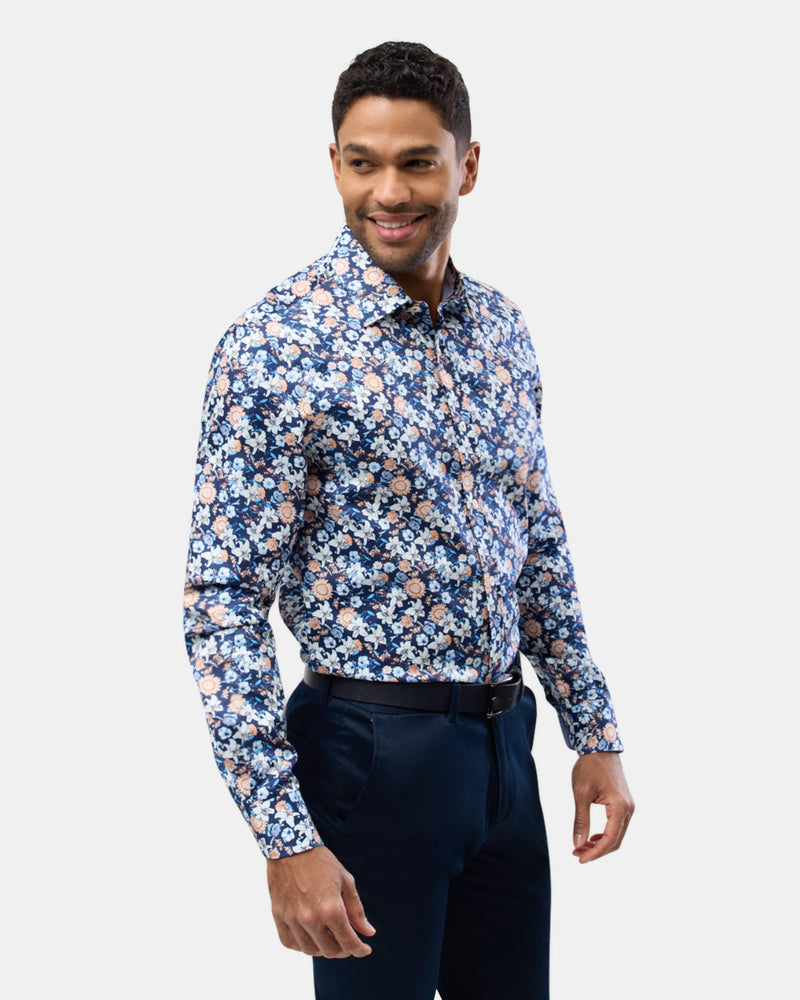 Brooksfield Mens Luxe Print Slim Fit Shirt in Navy