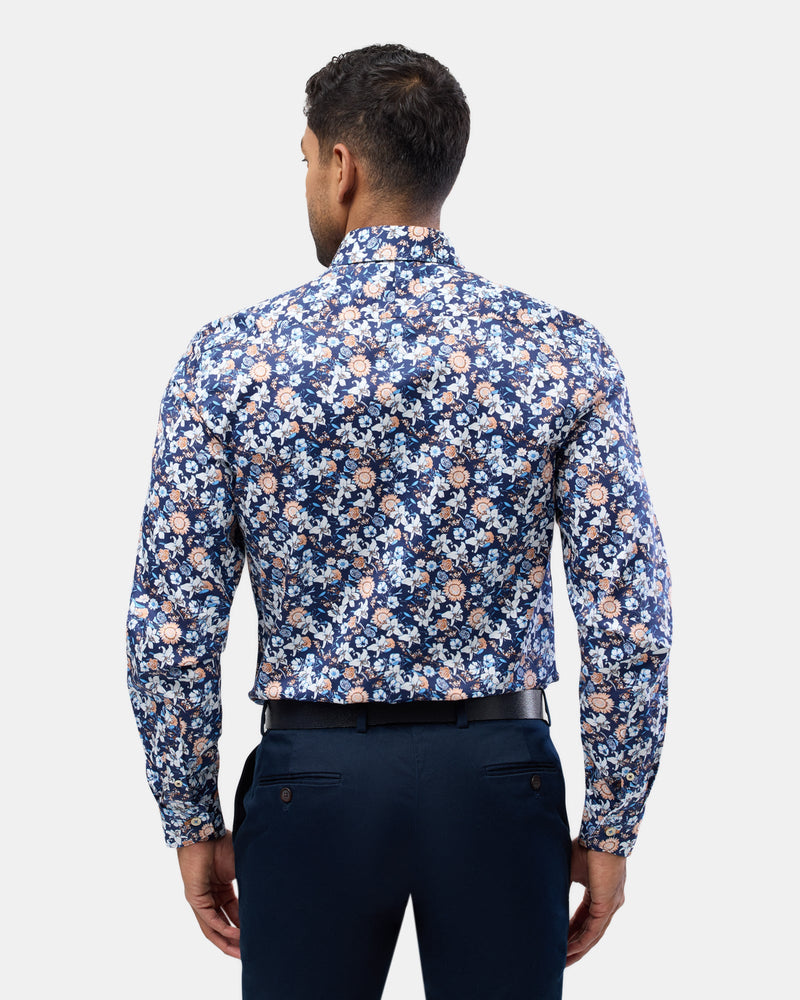 Brooksfield Mens Luxe Print Slim Fit Shirt in Navy