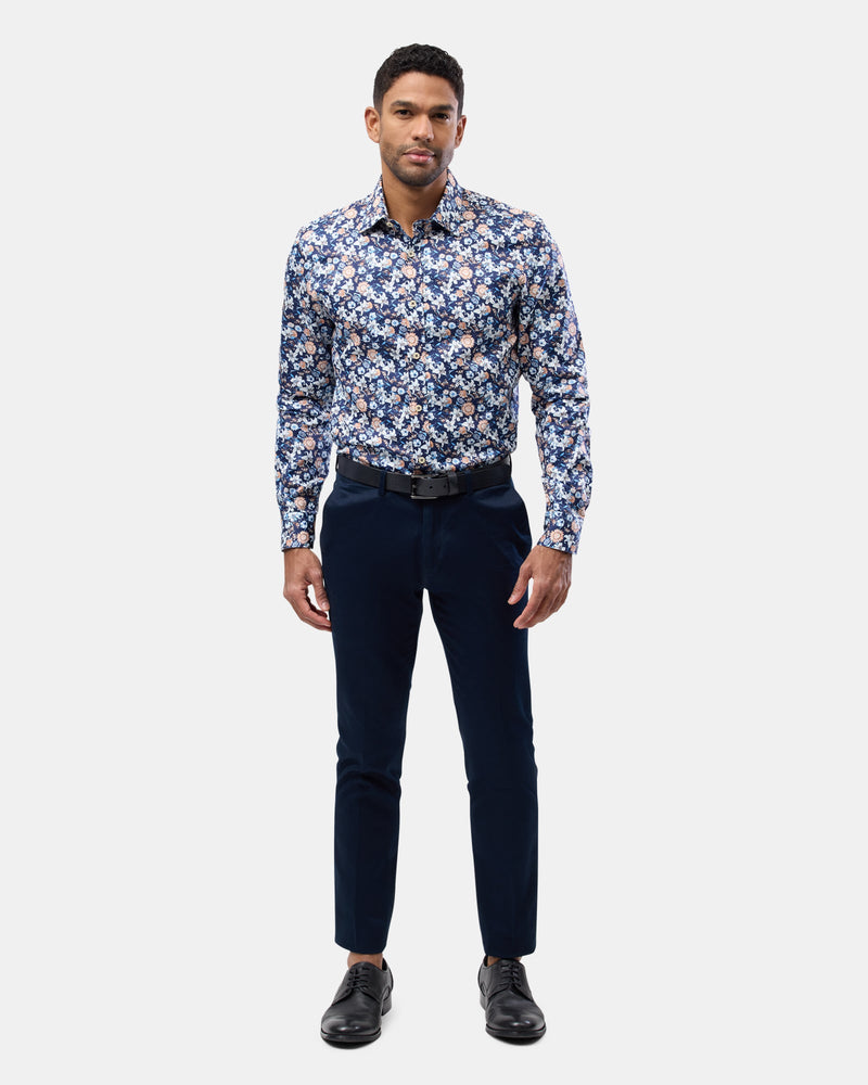 Brooksfield Mens Luxe Print Slim Fit Shirt in Navy