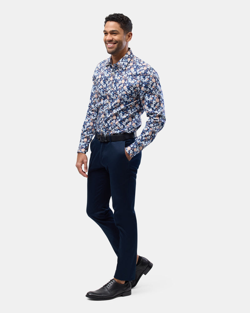 Brooksfield Mens Luxe Print Slim Fit Shirt in Navy