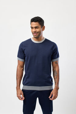 Front view of the Brooksfield Mens Cotton Crew Neck Knitted Tee in Navy