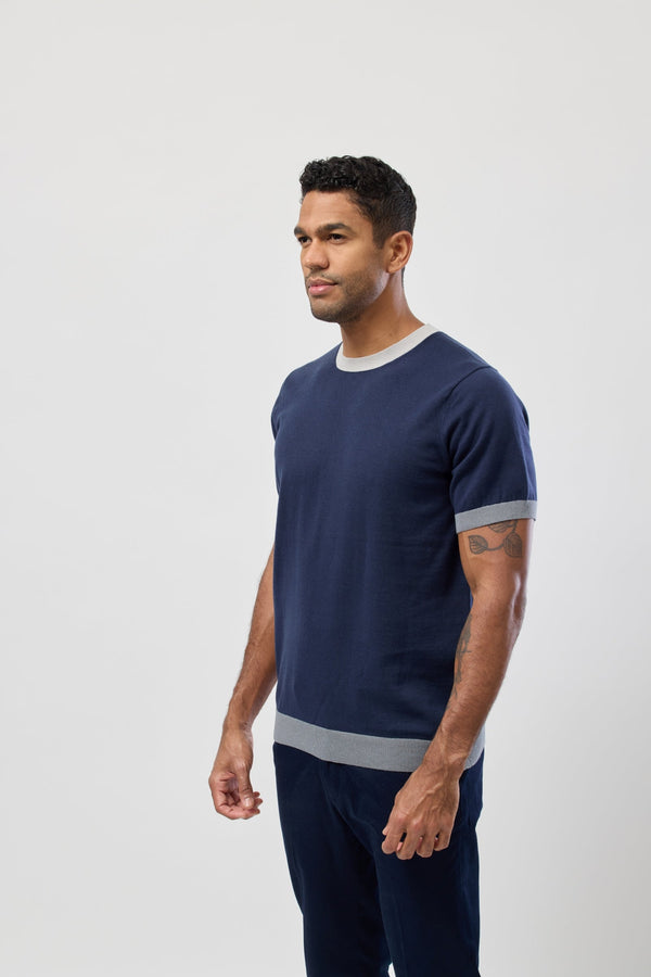 Side view of the Brooksfield Mens Cotton Crew Neck Knitted Tee in Navy