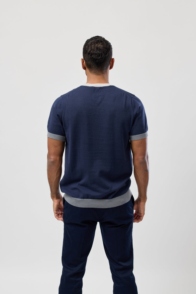 Back view of the Brooksfield Mens Cotton Crew Neck Knitted Tee in Navy