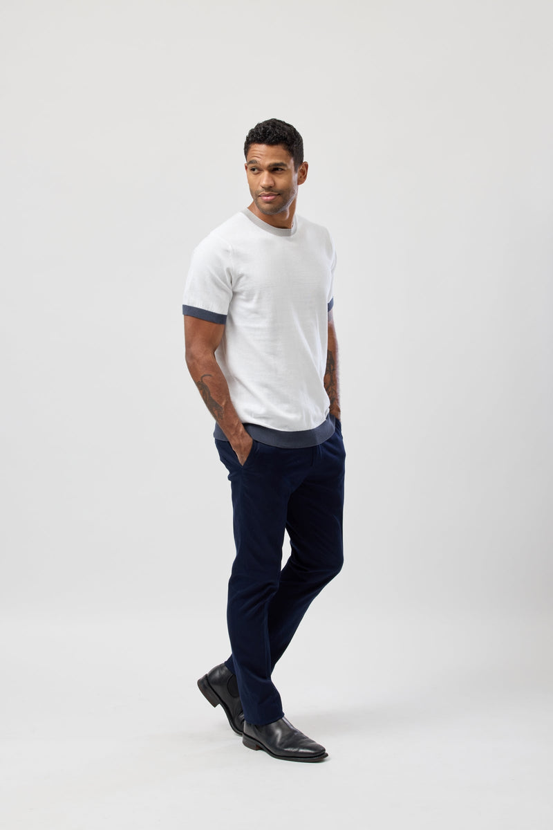 Side view of the Brooksfield Mens Cotton Crew Neck Knitted Tee in White