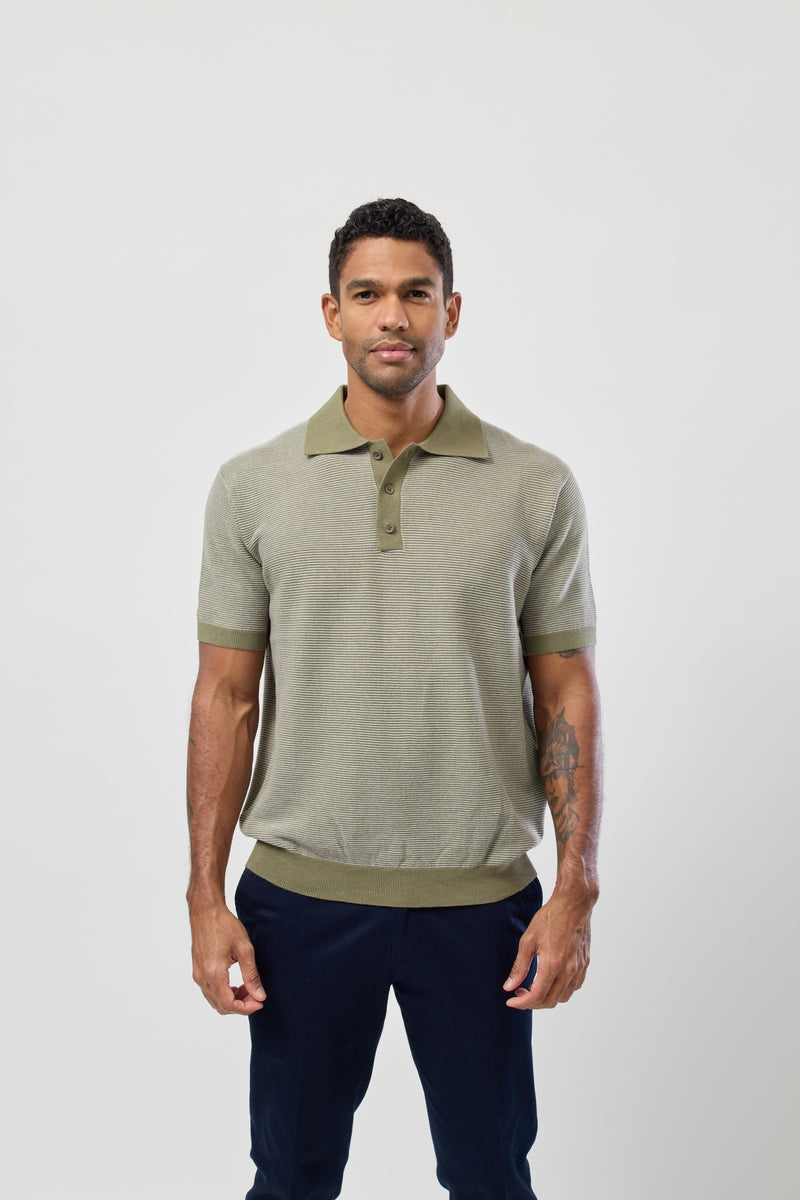 Brooksfield Short Sleeve Knitted Polo in Moss Green