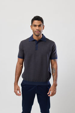 Brooksfield Short Sleeve Knitted Polo in Navy and Taupe