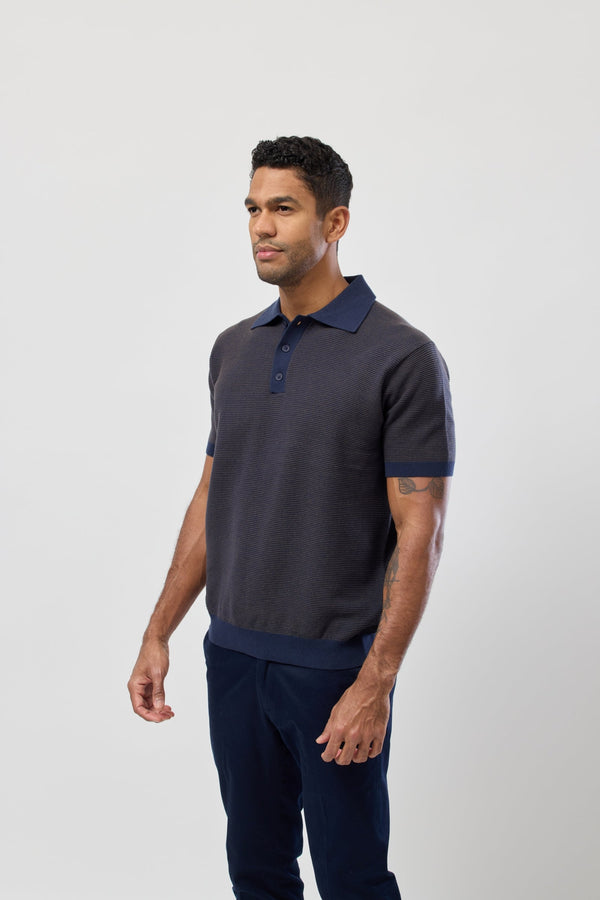 Brooksfield Short Sleeve Knitted Polo in Navy and Taupe