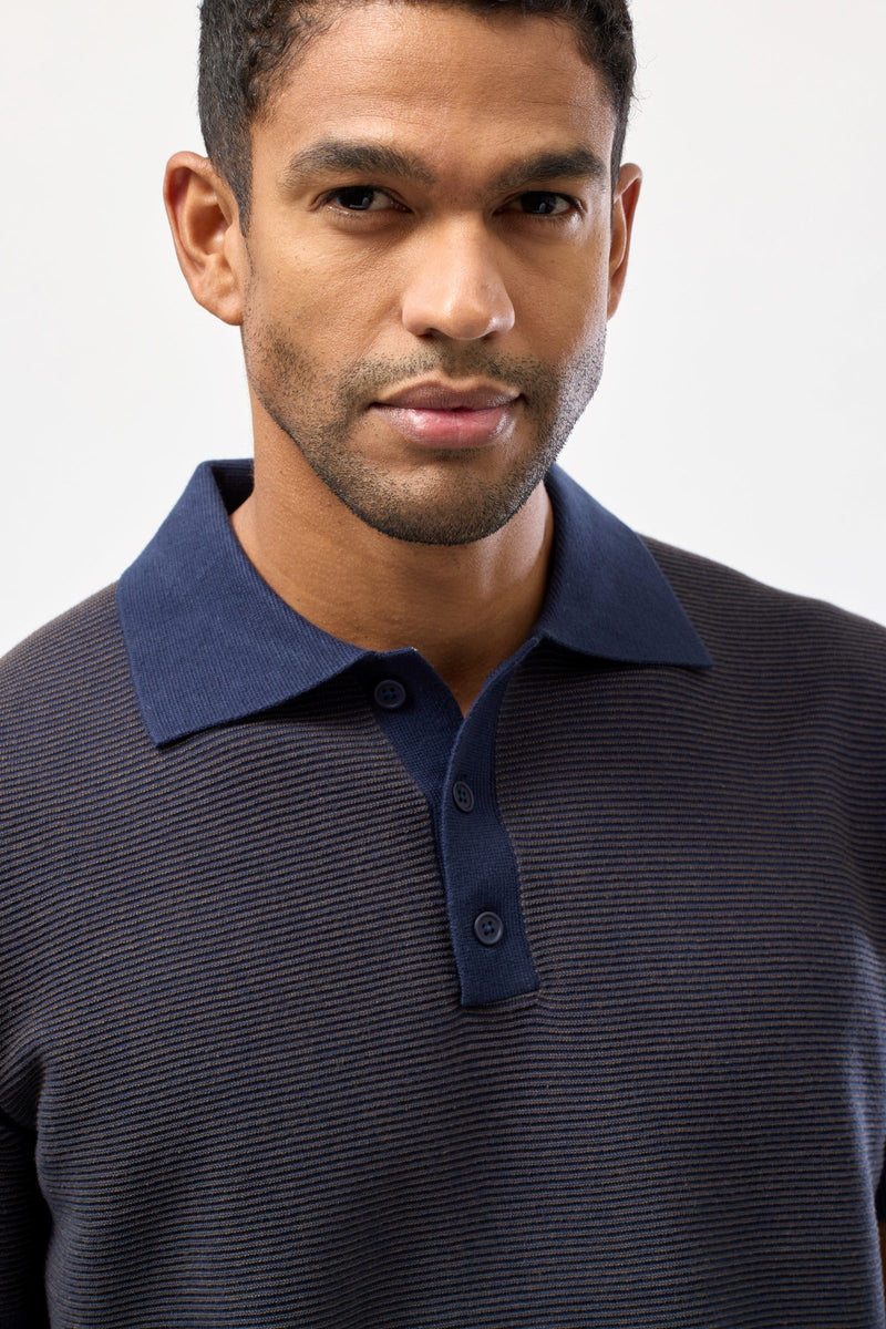 Brooksfield Short Sleeve Knitted Polo in Navy and Taupe