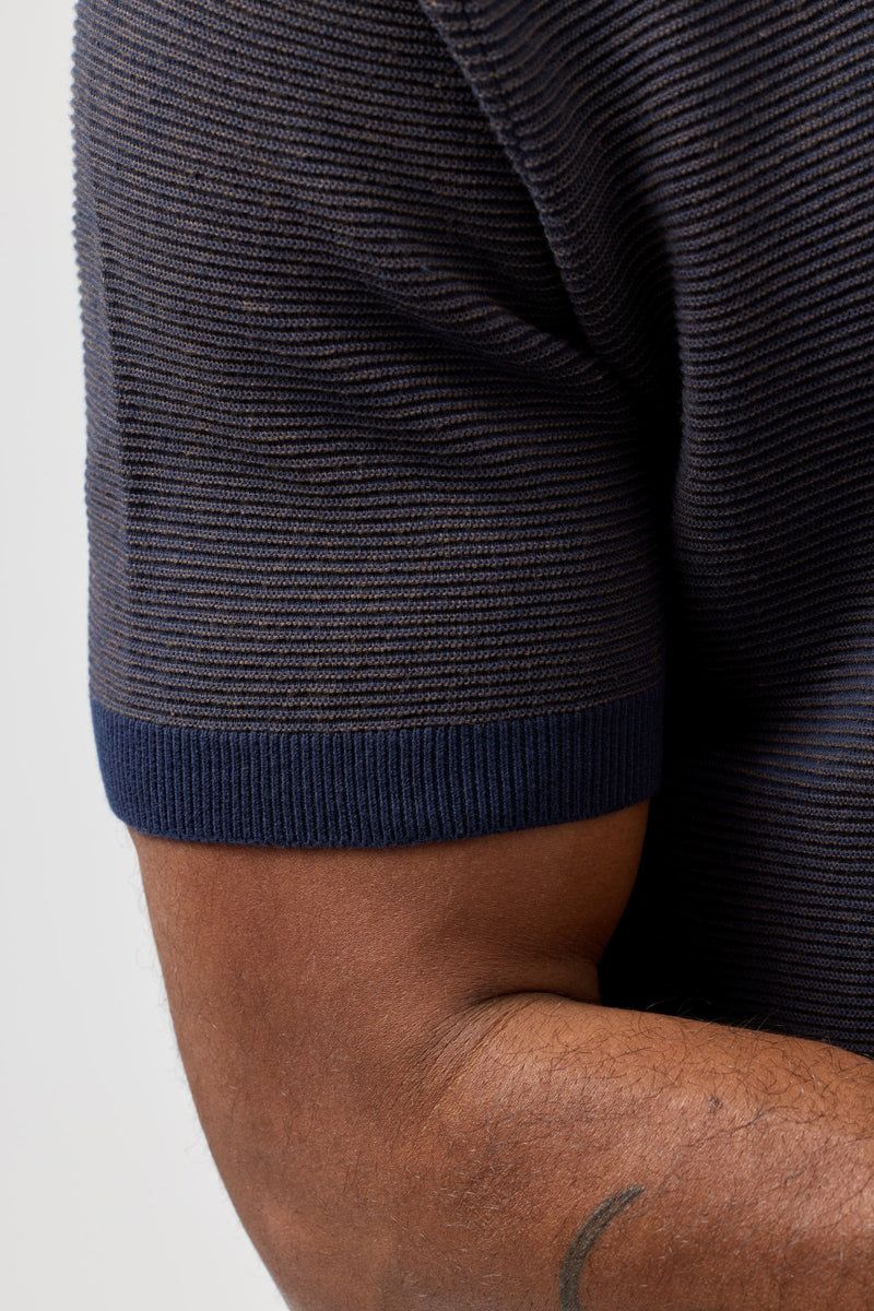 Brooksfield Short Sleeve Knitted Polo in Navy and Taupe