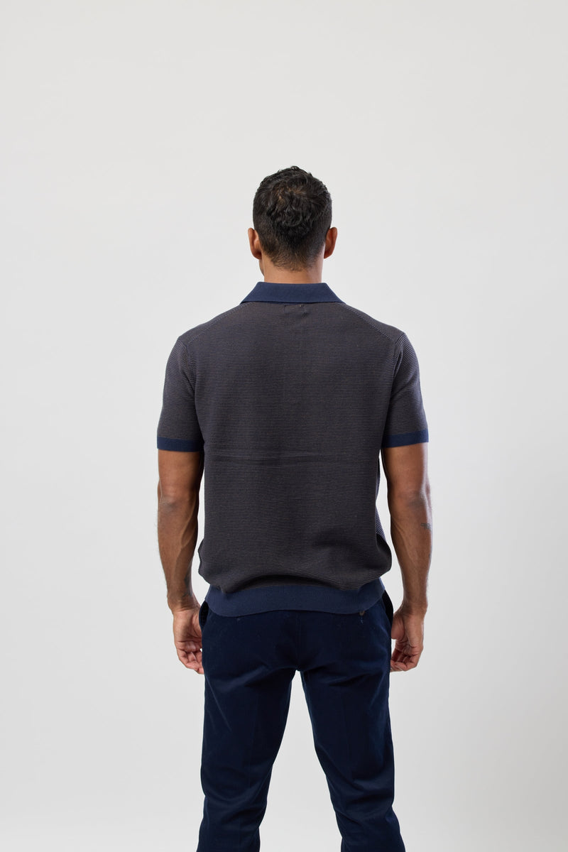 Brooksfield Short Sleeve Knitted Polo in Navy and Taupe