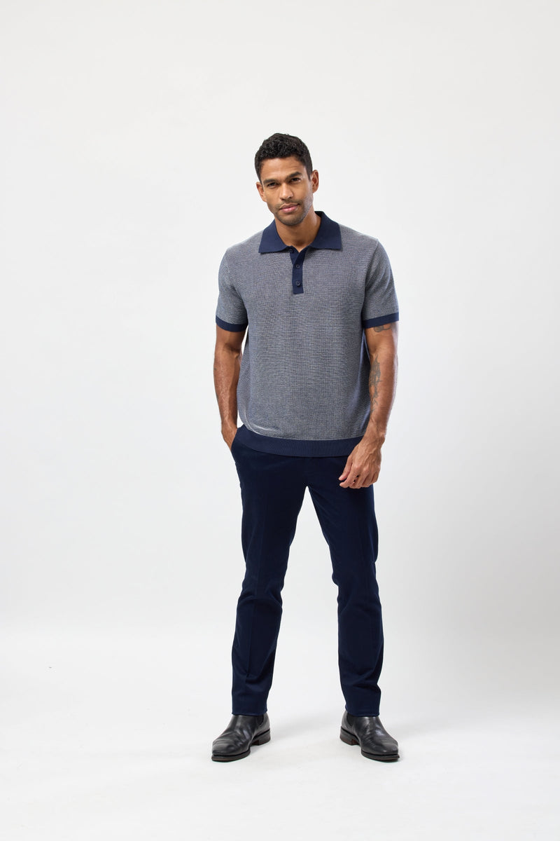 Short Sleeve Knitted Polo in White and Navy