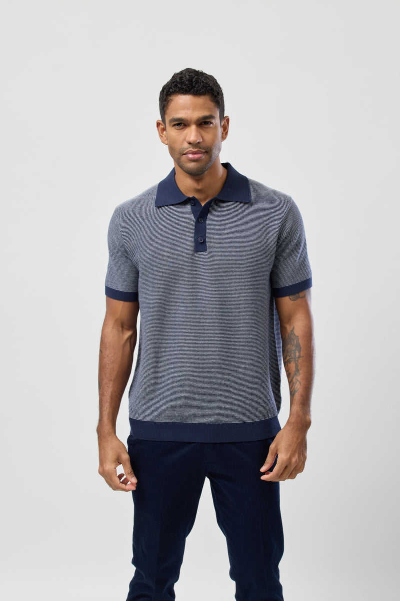 Short Sleeve Knitted Polo in White and Navy