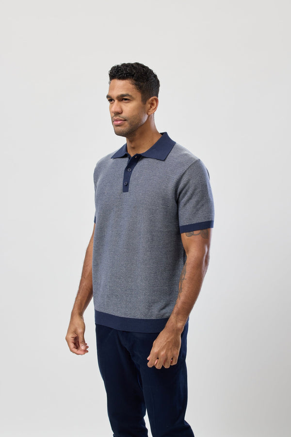 side view of the Brooksfield Short Sleeve Knitted Polo in Navy and White