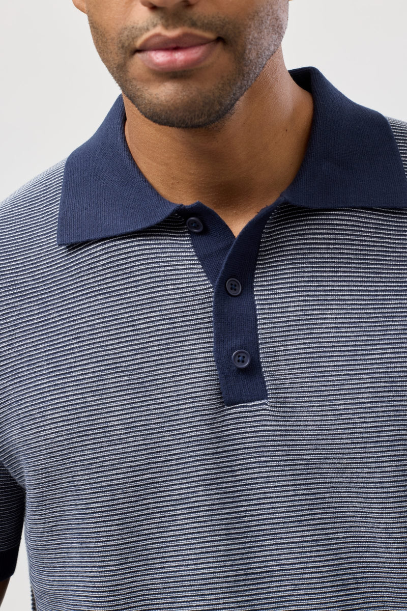 Short Sleeve Knitted Polo in White and Navy