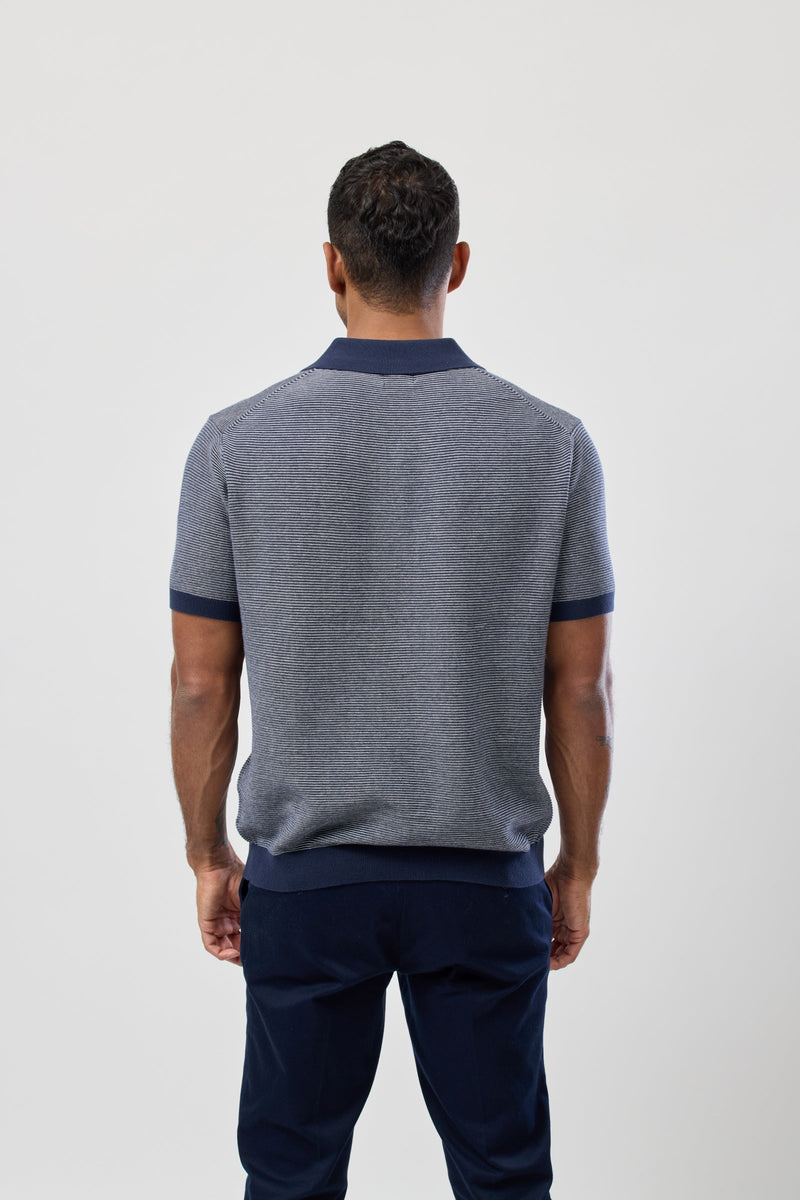 Short Sleeve Knitted Polo in White and Navy