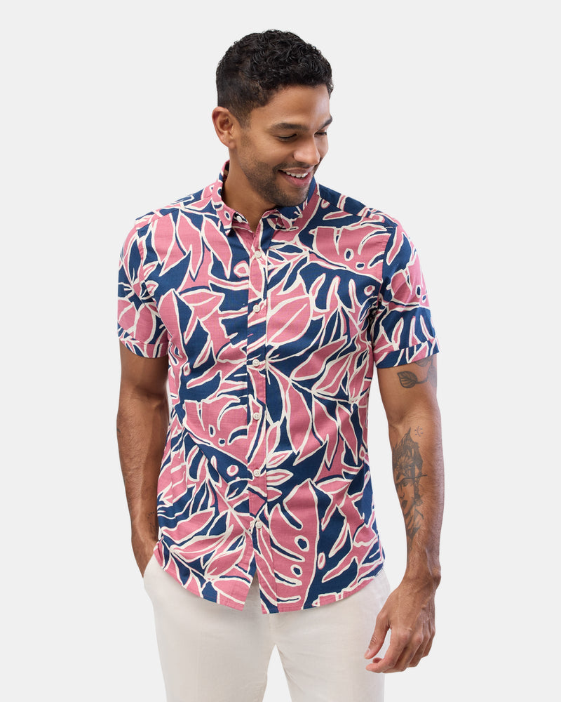 Brooksfield short sleeve printed casual shirt in navy and pink