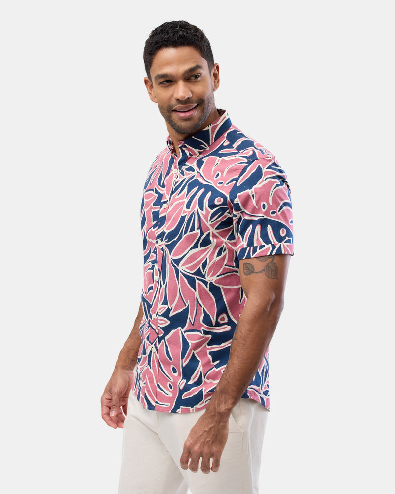 Brooksfield short sleeve printed casual shirt in navy and pink