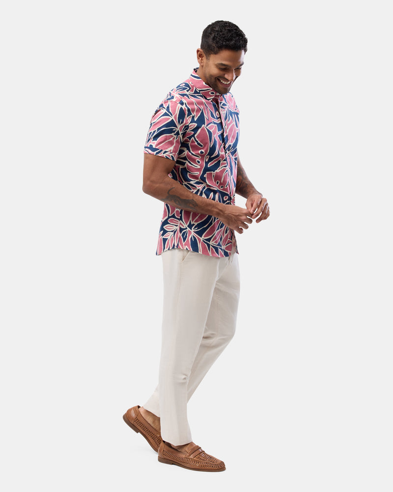 Brooksfield short sleeve printed casual shirt in navy and pink