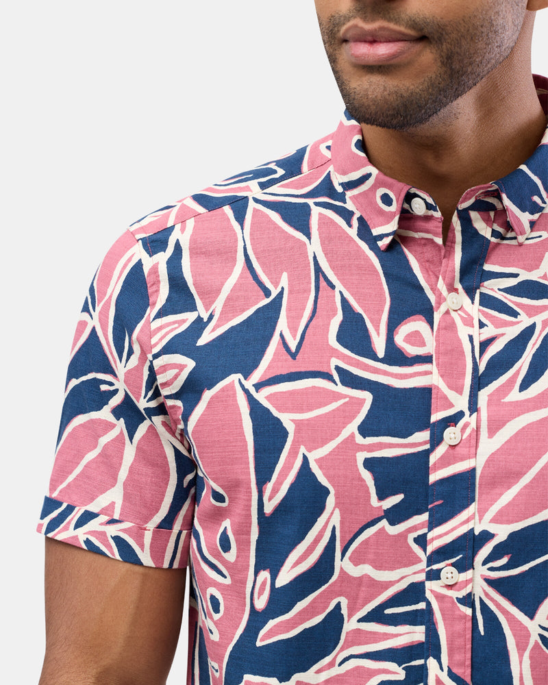 Brooksfield short sleeve printed casual shirt in navy and pink