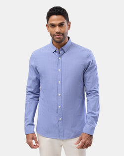 Front view of the Brooksfield Long Sleeve Printed Casual Shirt in Blue Check