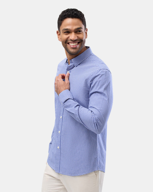 Side view of the Brooksfield Long Sleeve Printed Casual Shirt in Blue Check