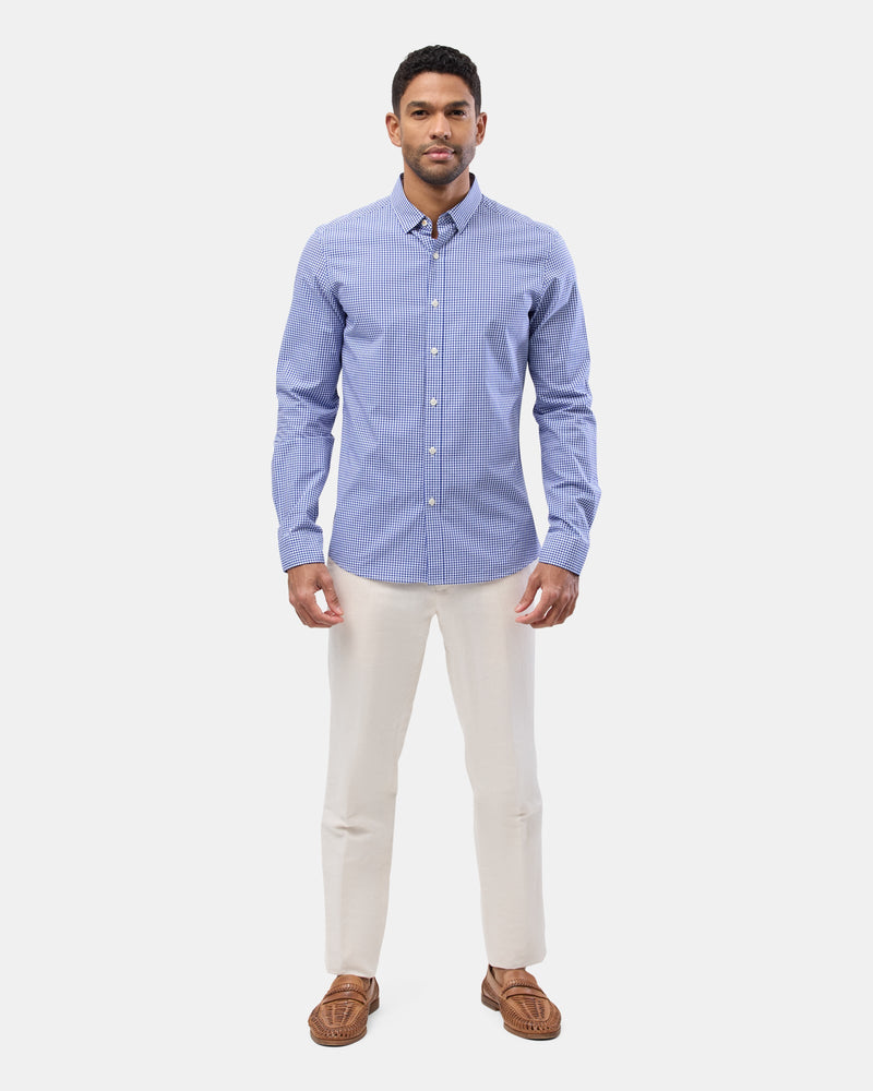 The Brooksfield Long Sleeve Printed Casual Shirt in Blue Check paired with white trousers