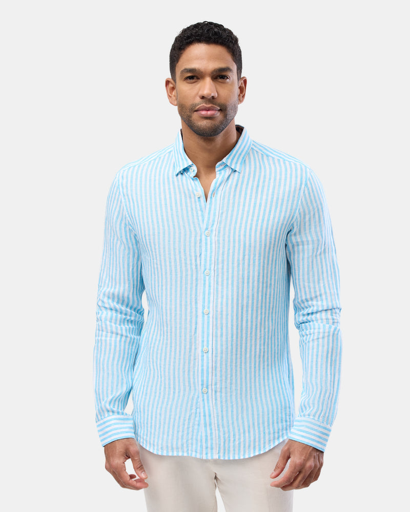 Brooksfield mens casual linen shirt in blue stripe