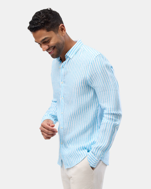 Brooksfield mens casual linen shirt in blue stripe