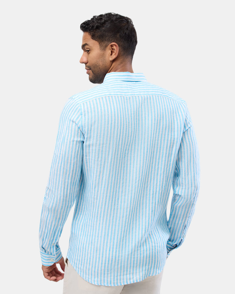 Brooksfield mens casual linen shirt in blue stripe