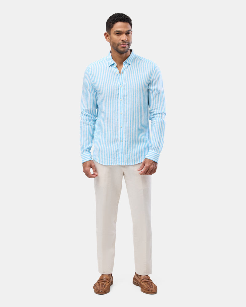 Brooksfield mens casual linen shirt in blue stripe