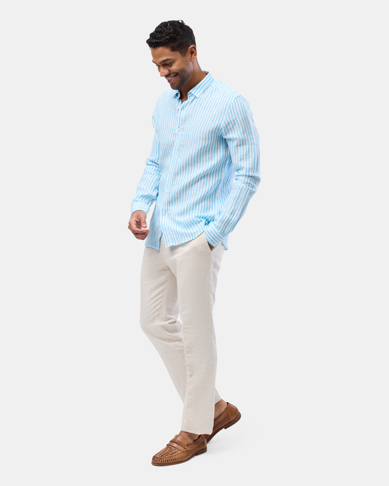 Brooksfield mens casual linen shirt in blue stripe