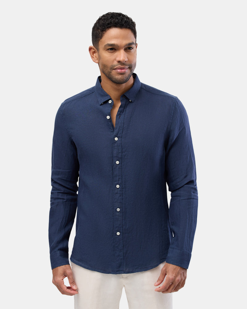 front view of the Brooksfield Mens Casual Linen Shirt in Navy