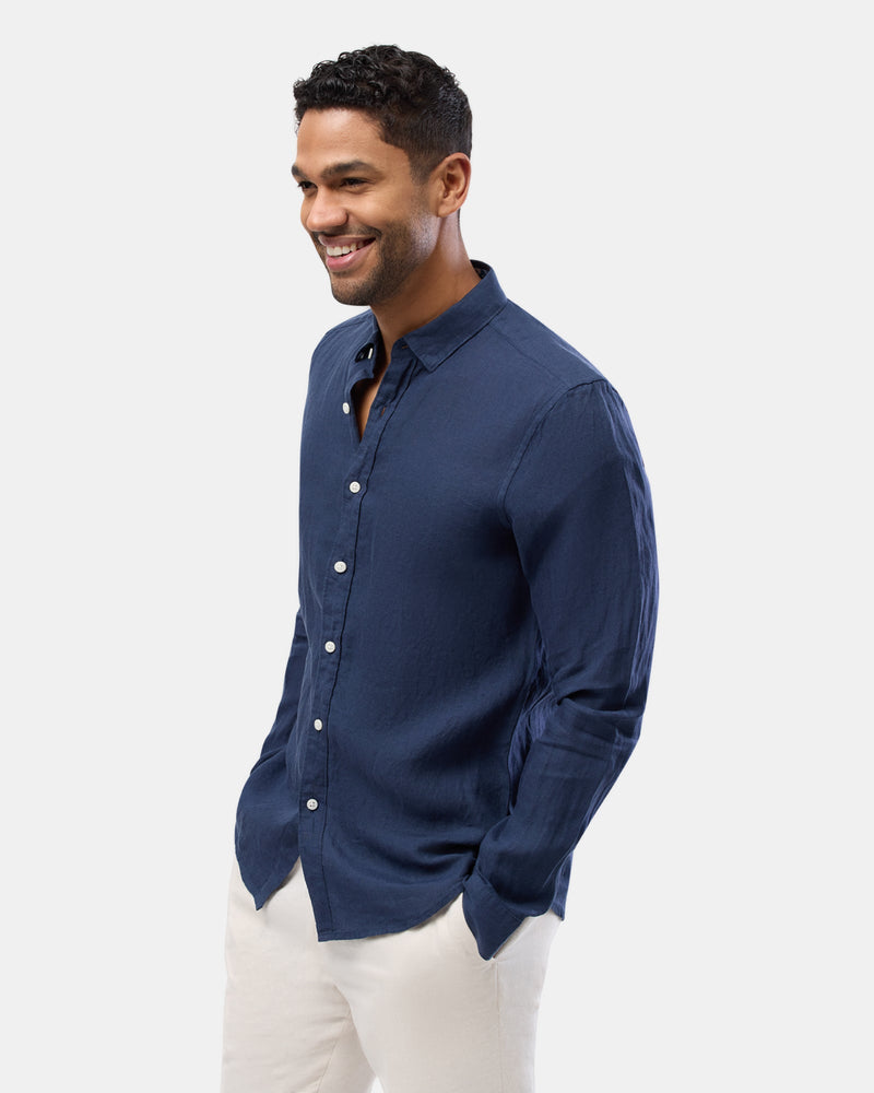 side view of the Brooksfield Mens Casual Linen Shirt in Navy