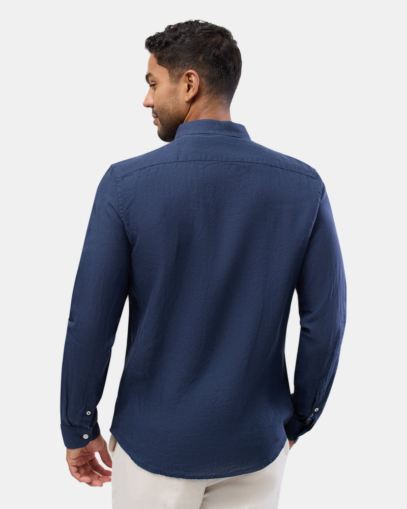 back view of the Brooksfield Mens Casual Linen Shirt in Navy