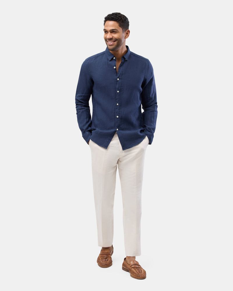 the Brooksfield Mens Casual Linen Shirt in Navy paired with white trousers