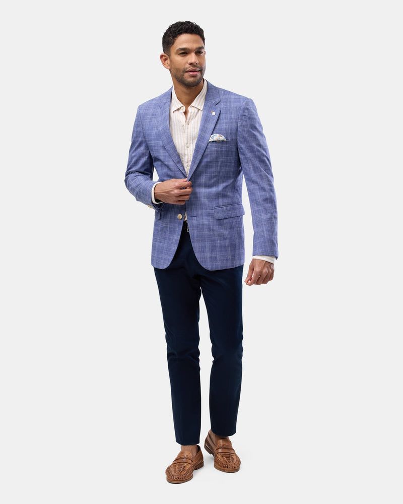 The Brooksfield Mens Subtle Checked Sports Jacket in Blue paired with black pants