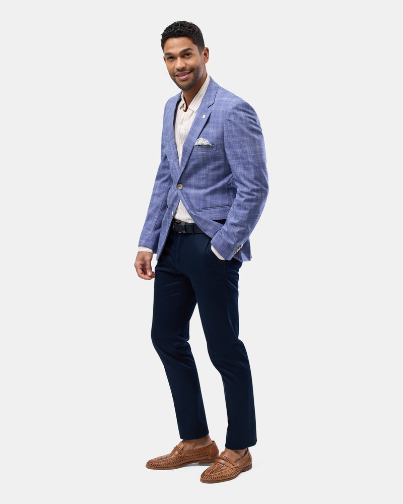 The Brooksfield Mens Subtle Checked Sports Jacket in Blue paired with trousers