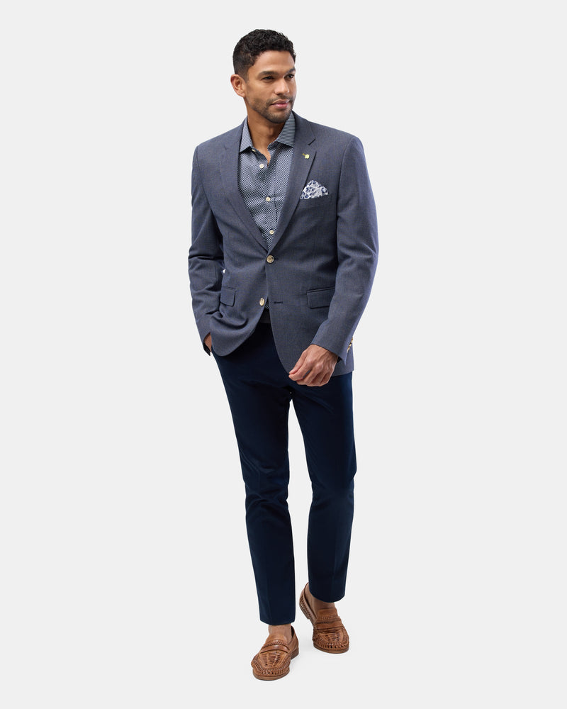 The Brooksfield Mens Textured Yarn Dye Sports Jacket in Navy paired with black pants