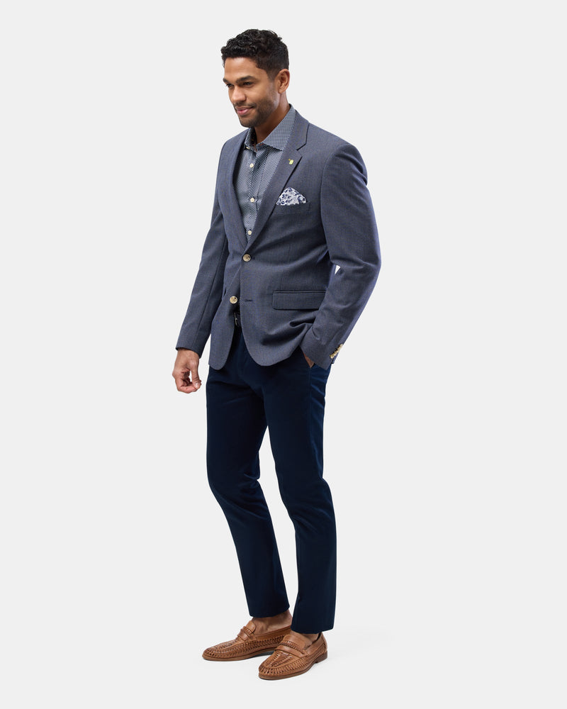 The Brooksfield Mens Textured Yarn Dye Sports Jacket in Navy paired with trousers