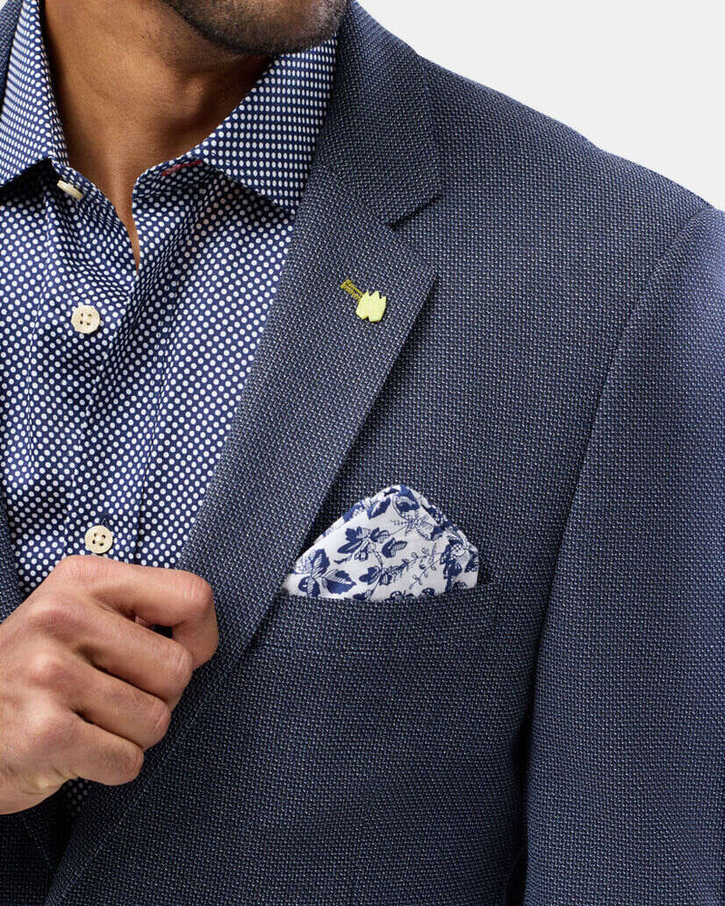 Collar details of the Brooksfield Mens Textured Yarn Dye Sports Jacket in Navy