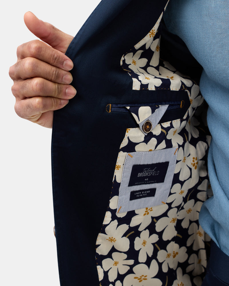 Inner floral lining of the Brooksfield Mens Unstructured Sports Jacket in Navy