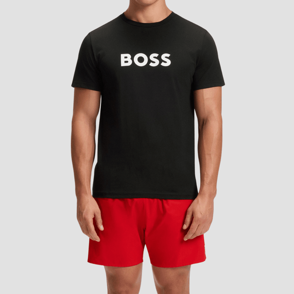 Boss Logo Print Beach T-Shirt in Black Cotton Jersey