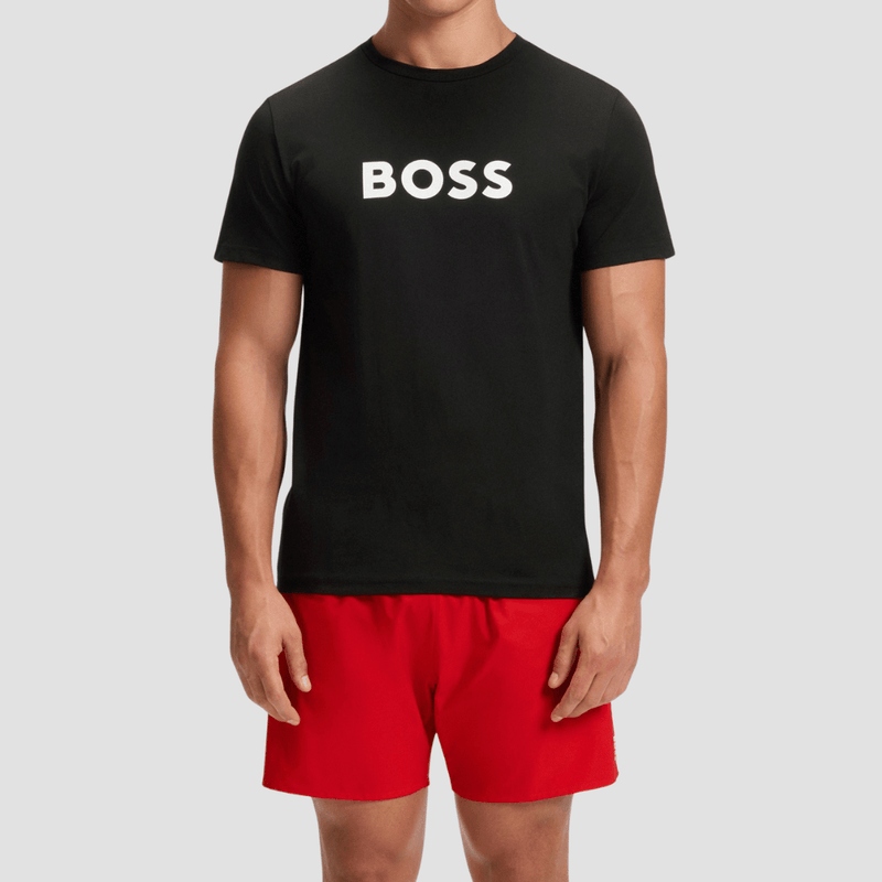 Boss Logo Print Beach T-Shirt in Black Cotton Jersey