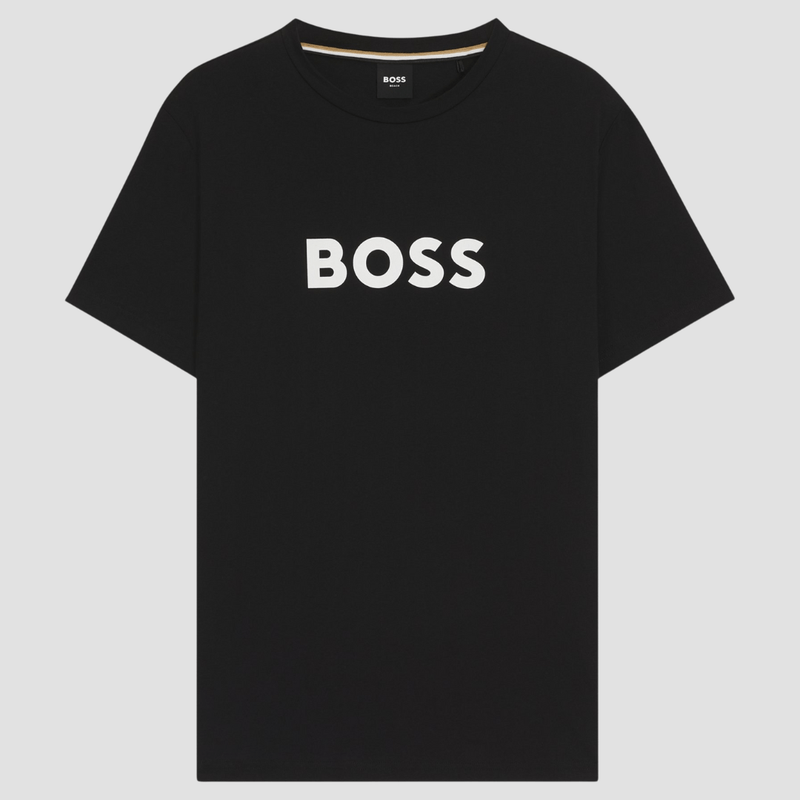 Boss Logo Print Beach T-Shirt in Black Cotton Jersey