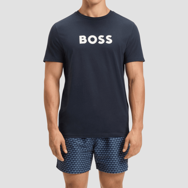 Boss Logo Print Beach T-Shirt in Dark Blue Cotton Jersey