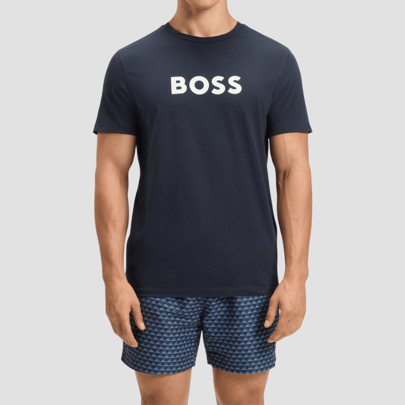 Boss Logo Print Beach T-Shirt in Dark Blue Cotton Jersey
