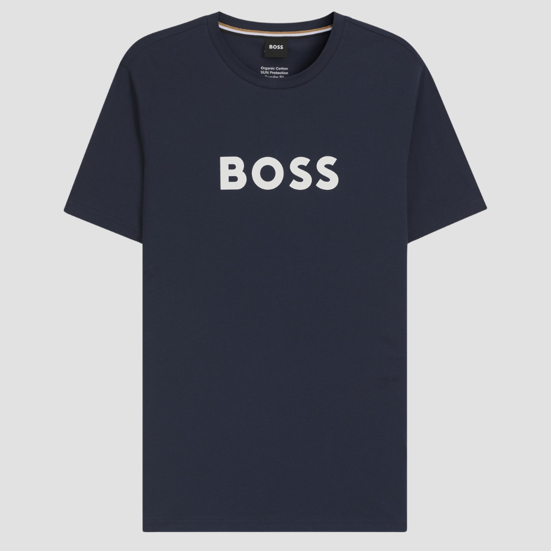 Boss Logo Print Beach T-Shirt in Dark Blue Cotton Jersey
